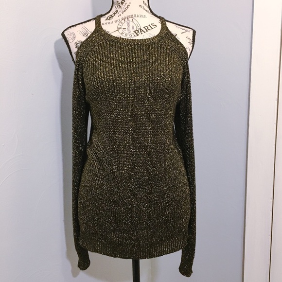 DKNY Cold Shoulder Knit Metallic Sweater Long Sleeve in Black Gold Size Medium - Picture 2 of 14